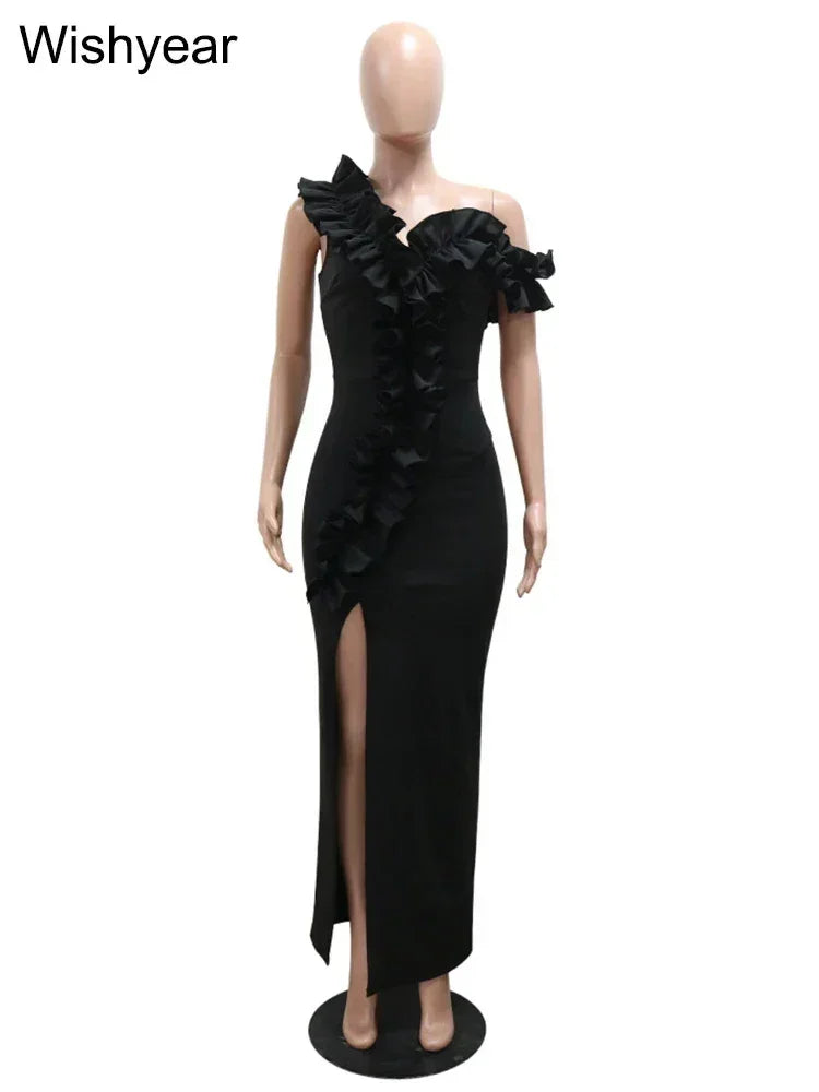 Sexy Night Sleeveless Off Shoulder Wooden Ear Edge Ruffles Bodycon Split Red Midi Dress Women Evening Birthday Party Vestidos