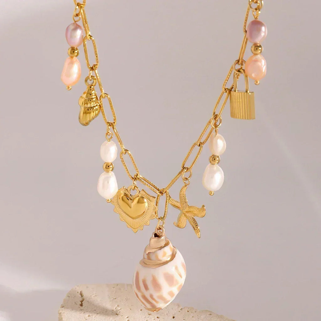 Zora Colorful Summer Holiday Style Conch Pendant Necklace Women's 18K Gold-plated Stainless Steel Multi Charm Fashion Jewelry