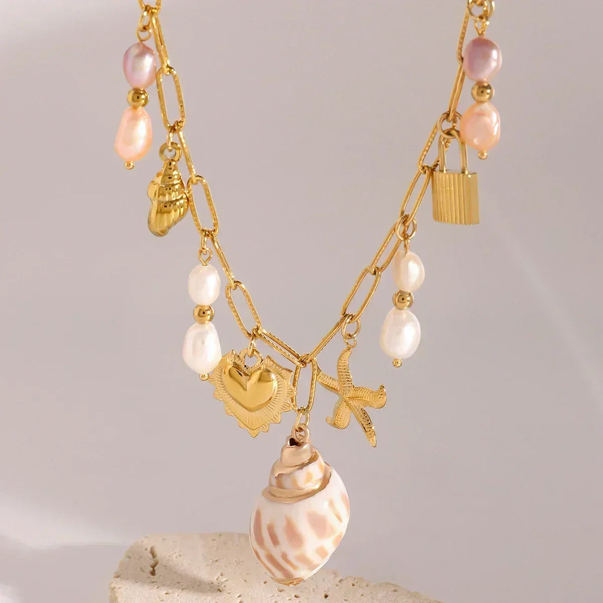 Zora Colorful Summer Holiday Style Conch Pendant Necklace Women's 18K Gold-plated Stainless Steel Multi Charm Fashion Jewelry