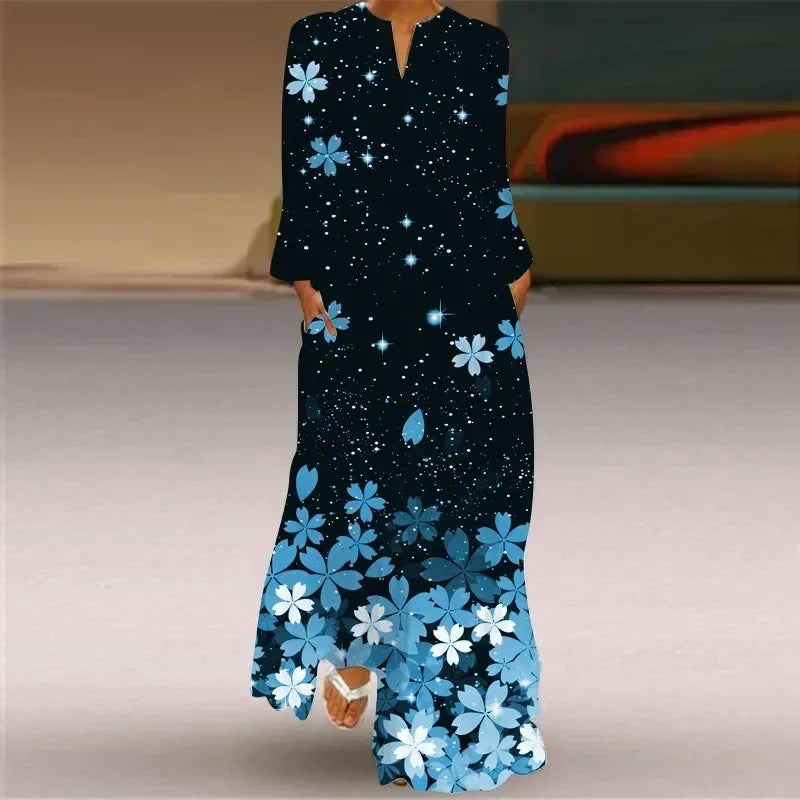 Women's Maxi Dress Printed Retro Fashion y2k vestidos Long Sleeve Loose Robe S-5XL