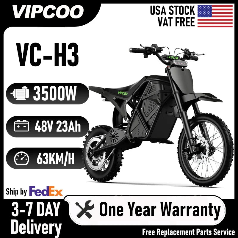 VIPCOO H3 Electric Dirt Bike 3500W 48V 23Ah Fat Tire