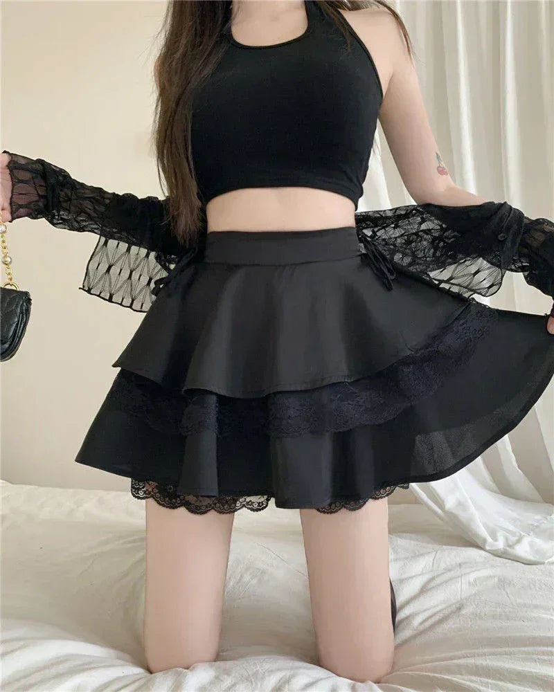Y2K Sweet Solid Women Mini Skirt Summer High Waist Lace Patchwork Ladies Ball Gown Fashion All Match Ruffles Female Skirt