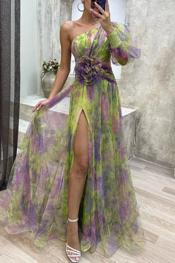 Elegant Oblique Shoulder Single-sleeve  Zipper High Slit Mesh Long Dress For Women Fashion Flower Decoration Party Dress Female