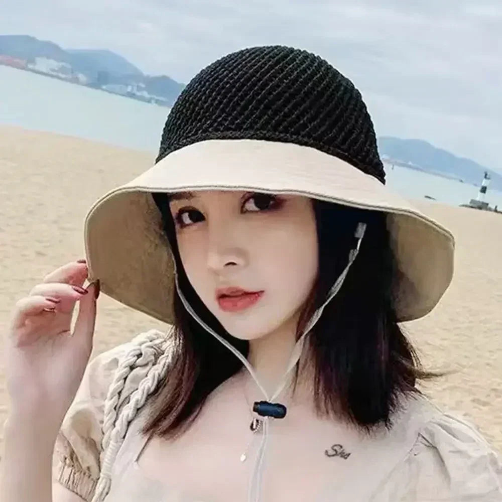 Summer Women Bucket Hat UV Protection Sun Hats Soft Foldable Wide Brim Outdoor Beach Hat Panama Cap Ponytail Cap