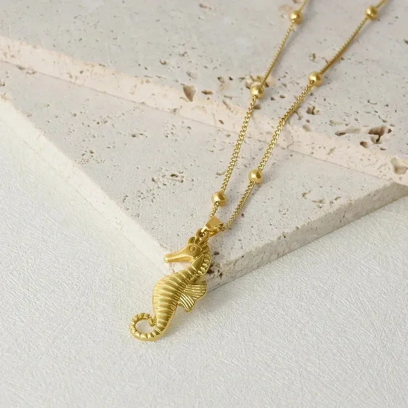 1Pc Temperament Fashion Summer Beach Blue Marine Life Sea Horse Shell Turtle Mini Fish Bead Necklace Classic Clavicle Chain