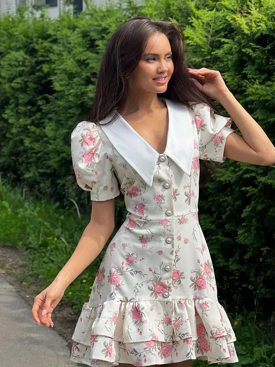 Puff Sleeve V-Neck Mini Dress | Printed Ruffled Pearl Button Dress - Femstylo