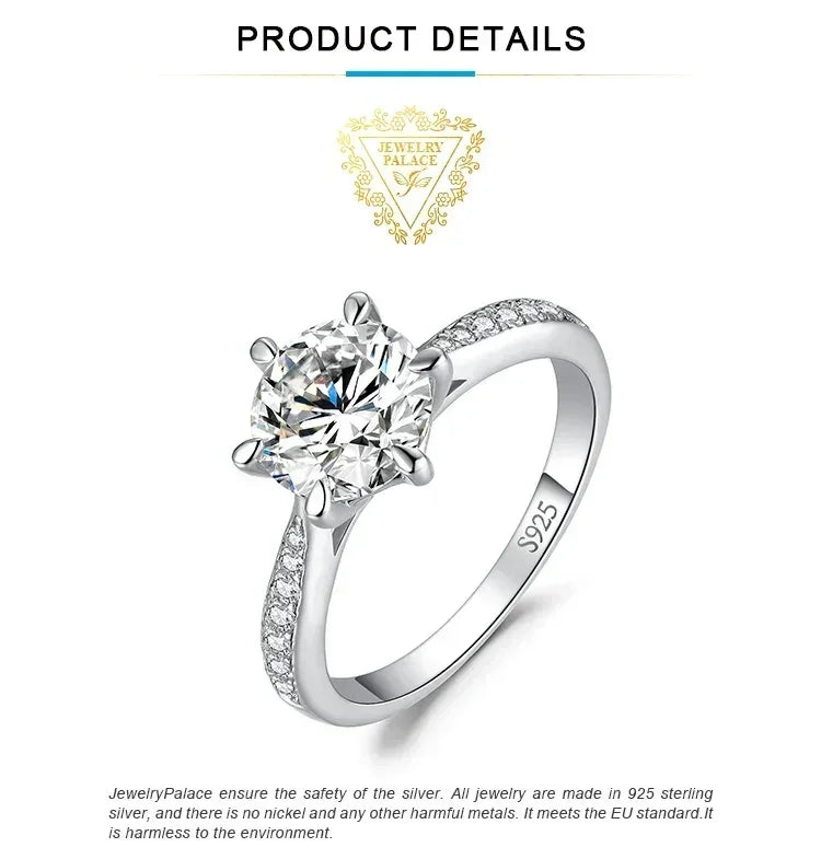 JewelryPalace Moissanite D Color 0.5ct 1ct 1.5ct 2ct 3ct Round S925 Sterling Silver Wedding Engagement Ring for Women