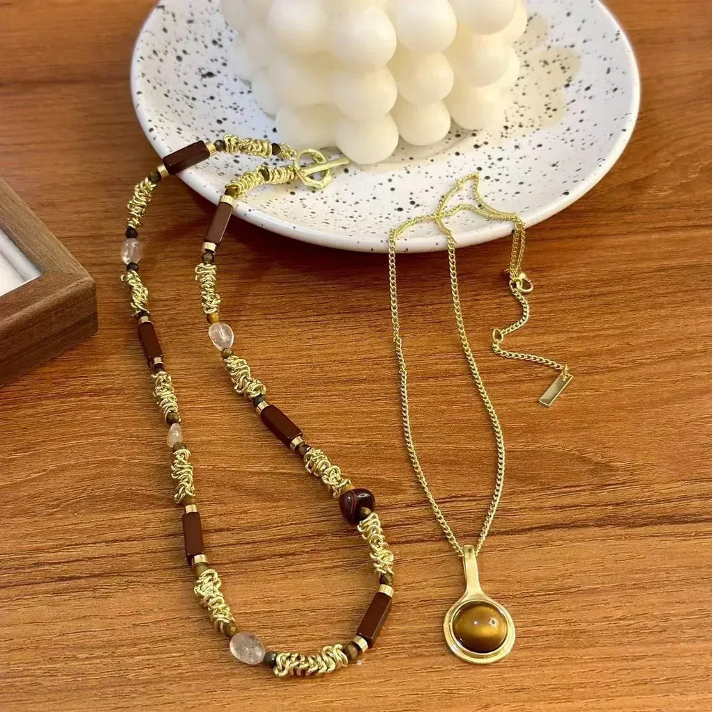 Autumn and Winter New Natural Stone Metal Splicing Bead Necklace for Women Double-layer Layered Collarbone Chain