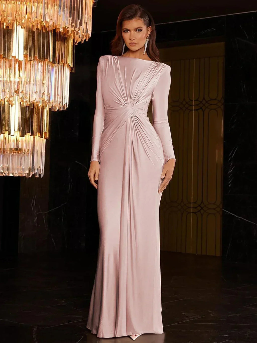 Dulzura Long Sleeves Shoulder Pad Ruched Maxi Dress Solid Elegant Prom Evening Party Long Dress Women’S Autumn Winter Outfit