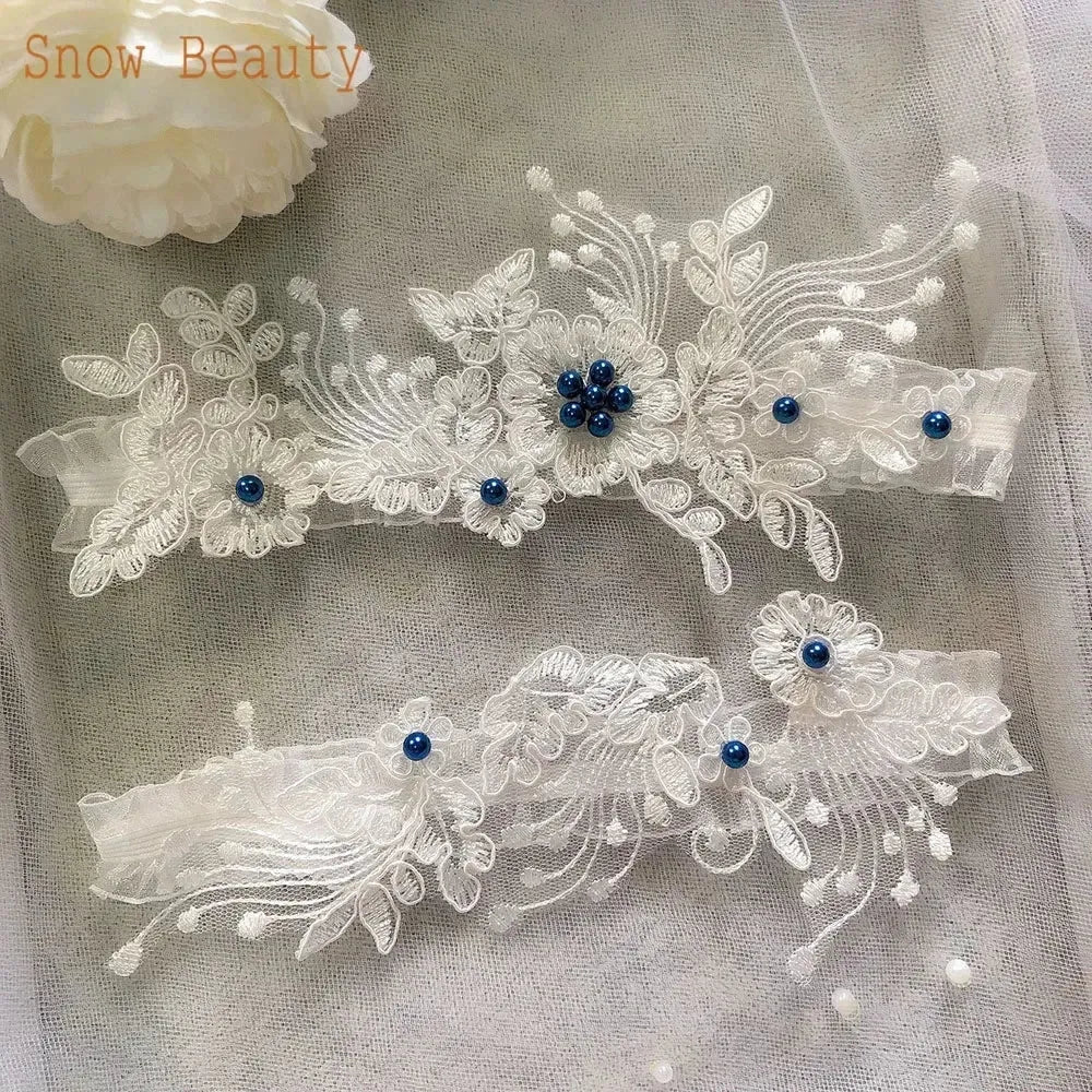 K03 2 PCS Sexy Lace Flower Crystal  Pearls Wedding Garter Belt Thigh Ring Bridal Leg Garter Stocking Garter Belt Girl Women