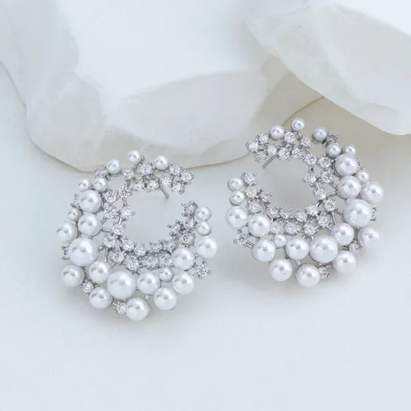 Vintage Rhinestone Firework Stud Earrings for Women Elegant Double Row Imitation Pearl Earring Girl Party Wedding Jewelry