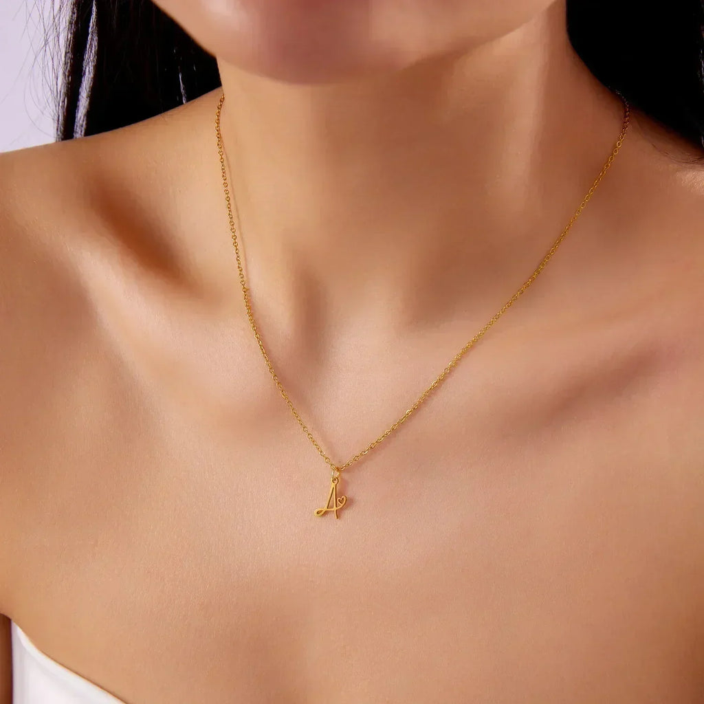 26 Initial Letters Heart Pendant Stainless Steel Necklace for Women Gold Color A-Z Alphabet Choker Chain Birthday Jewelry Gift