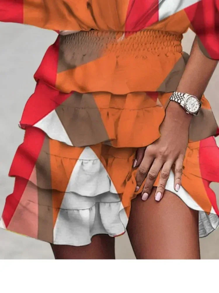Women Fall V-Neck Loose Batwing Hafl Sleeve Print Dress Fashion Elegant Lace-up Ruffle Beach Mini Dresses Casual Streetwear 2024