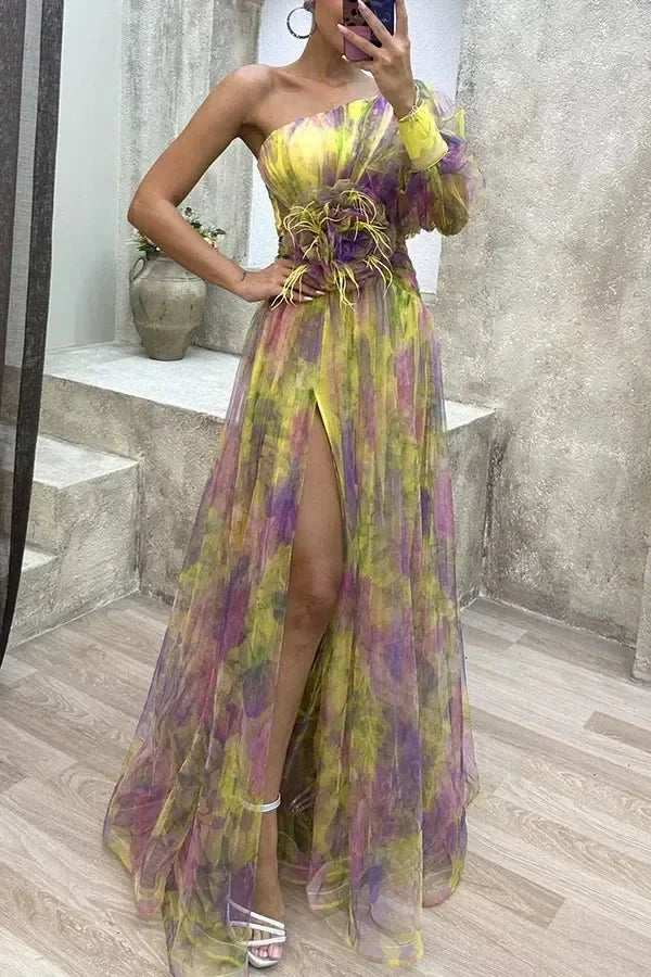 Elegant Oblique Shoulder Single-sleeve  Zipper High Slit Mesh Long Dress For Women Fashion Flower Decoration Party Dress Female
