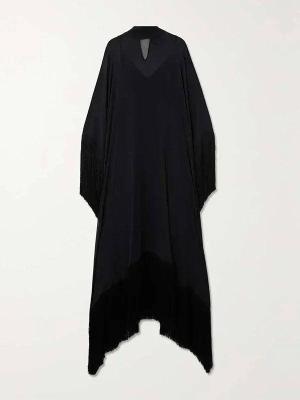 Yeezzi 2025 New Spring Fashion See-Through Tassel Party Dresses Women Batwing Sleeves Solid Color High-Neck Two Piece Set Dress