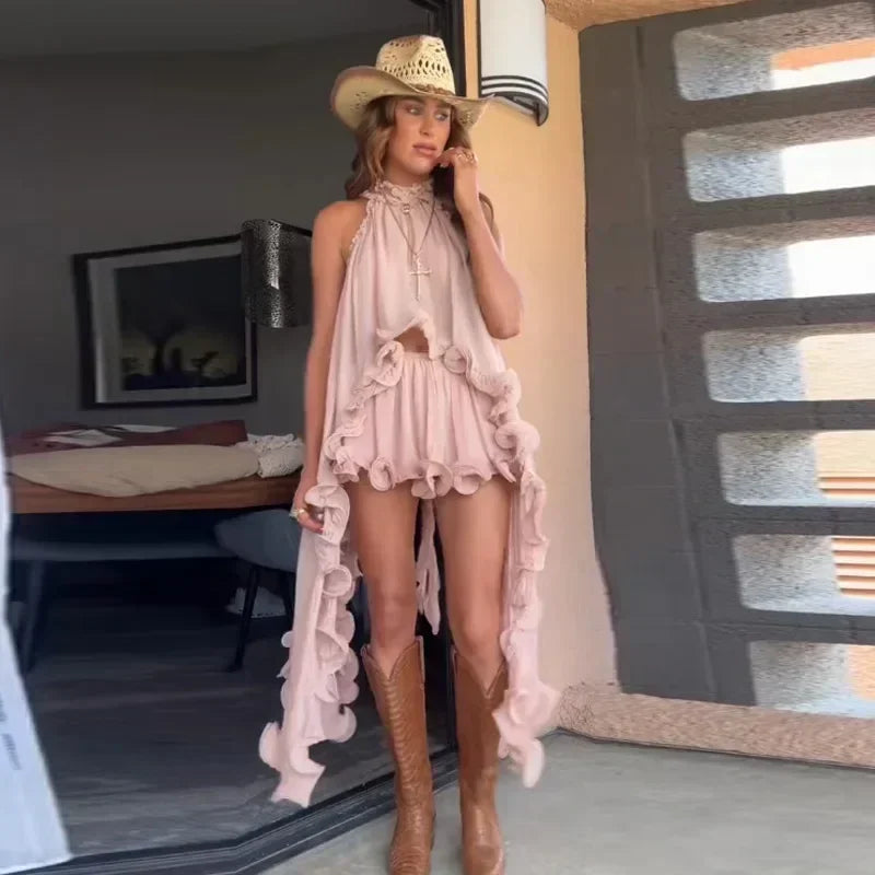 Elegant Ruffle Mini Skirt Set Women Sleeveless Halter Irregular Ruffles Top Mini Loose Short Skirts Sets 2025 Summer Lady Suit