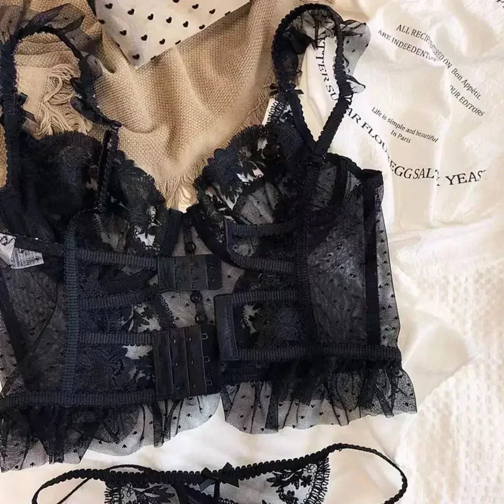 Fashion Comfortable Lace Lingerie with Steel Ring Wrapped Chest Top Bra and Panty Set Sexy Intimates Supply Underwire Female