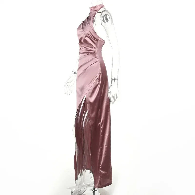 Ladies Summer Satin Evening Birthday Party Dresses Women Sleeveless Backless Halter Side Slit Elegant Long Dress Mowan Clothes