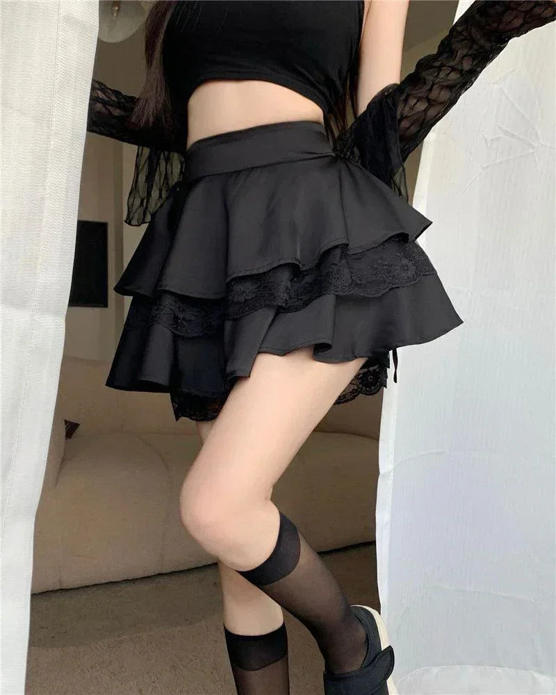 Y2K Sweet Solid Women Mini Skirt Summer High Waist Lace Patchwork Ladies Ball Gown Fashion All Match Ruffles Female Skirt