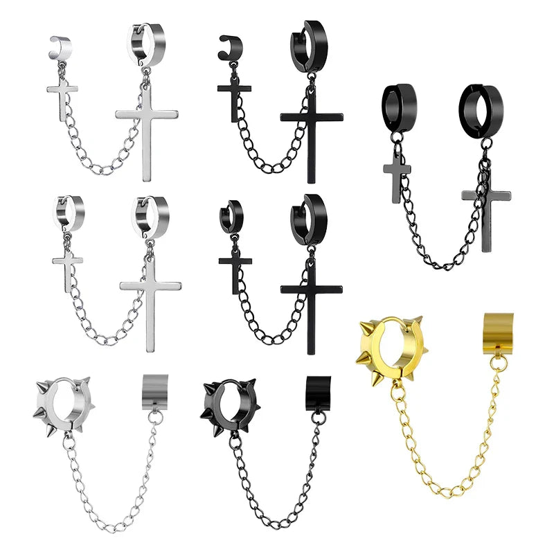 Punk Cross Pendant Clip Earring | Unisex Metal Chain Tassel Ear Cuff