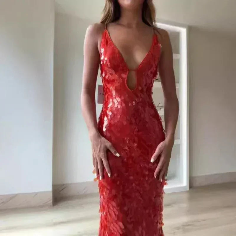 Sexy Women Maxi Dresses Elegant Sequins Sleeveless Female Long Dress Fashion  Solid Deep V Neck Ladies Party Robe Dress