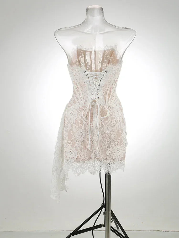 TARUXY Sexy Lace See-through Patchwork Corset Dress Female Bodycon Elegant Party MIrrgualr Mini Dress Women Tube Top Dress New