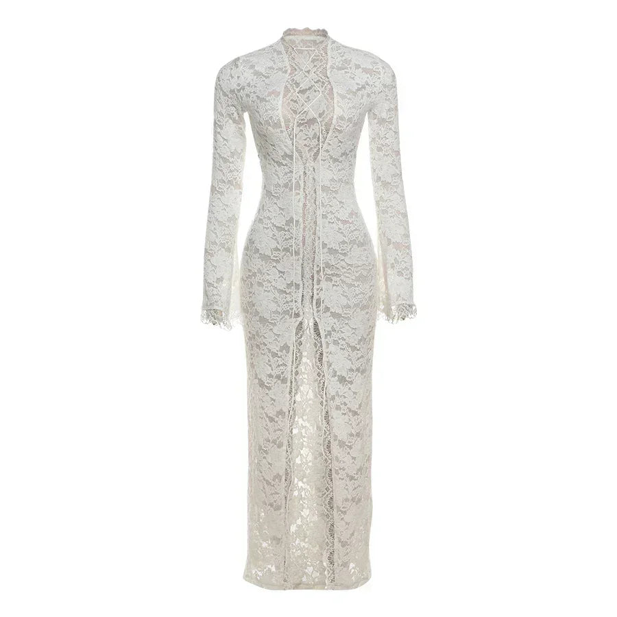 Weird Puss Embroidery Ruffles Dress Women Sexy Deep V-Neck Slits See Through Solid Tassel Petal Cuffs Street Elegance Vestidos