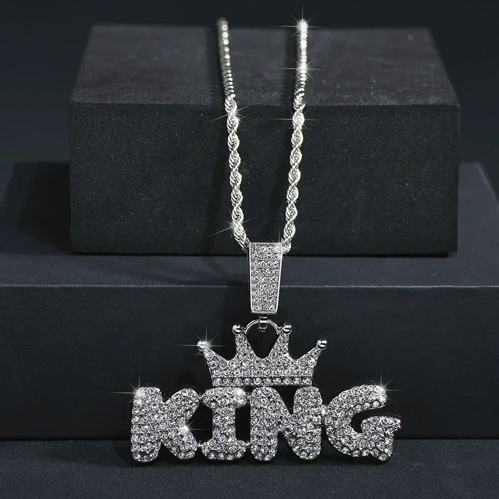 Fashion Hip Hop Crown with KING Pendant Necklace For Men Crystal Cuban Chain Iced Out Bling Hiphop Necklaces Rock Biker Jewelry