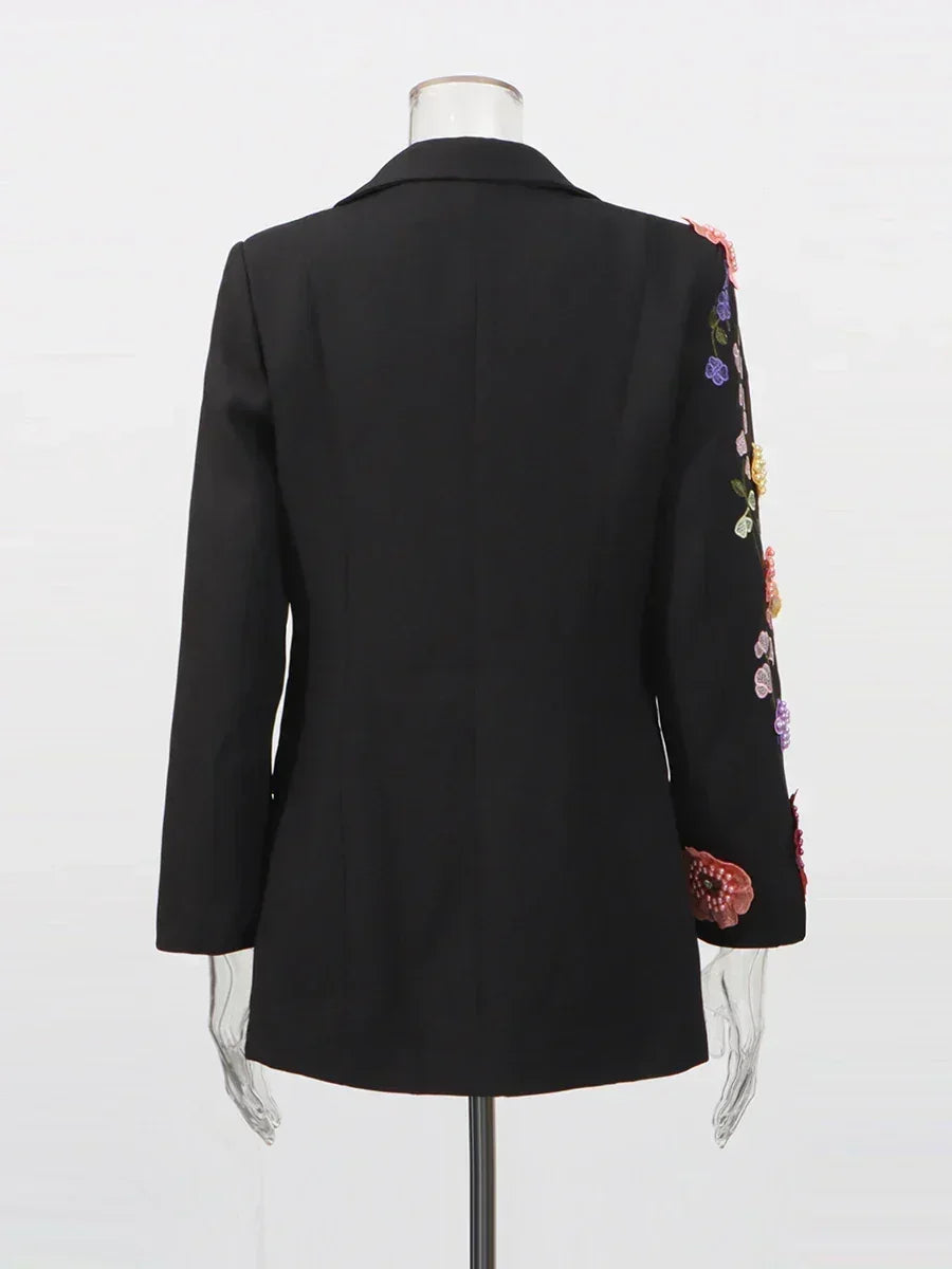 TWOTWINSTYLE Hit Color Spliced Appliques Fashion Blazers for Women Lapel Long Sleeves Patchwork Bead Temperament Blazer Female