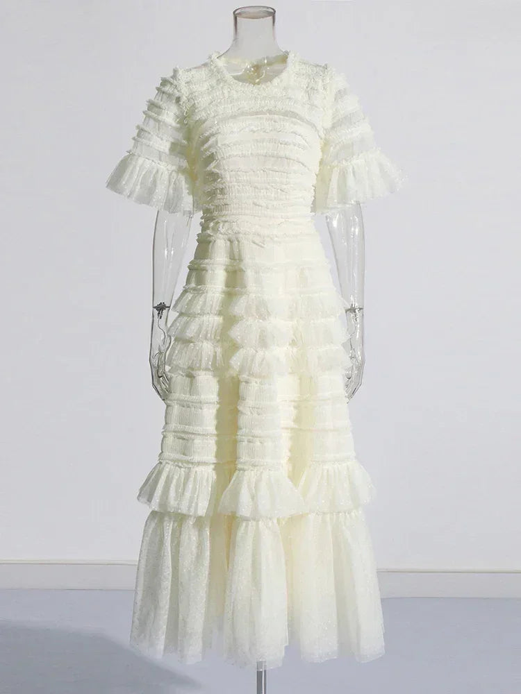 Patchwork Edible Tree Fungus Elegant Dresses For Women Round Neck Short Sleeve High Waist Temperament Dress Female Fashion