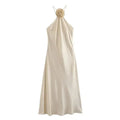 MUJER Flower Halter Dress Woman Off Shoulder Satin Long Dress Women Backless Sexy Evening Dresses Summer Party Dresses For Women