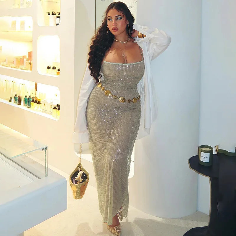 Sleeveless Glitter Sequined Evening Party Club Maxi Dress