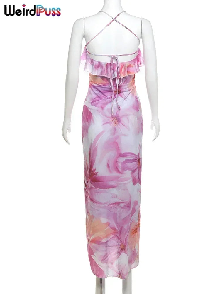 Weird Puss Flower Print Dress Woman Summer Strapless Splits Irregular Tassel Patchwork Backless Bandage Party Skinny Vestidos
