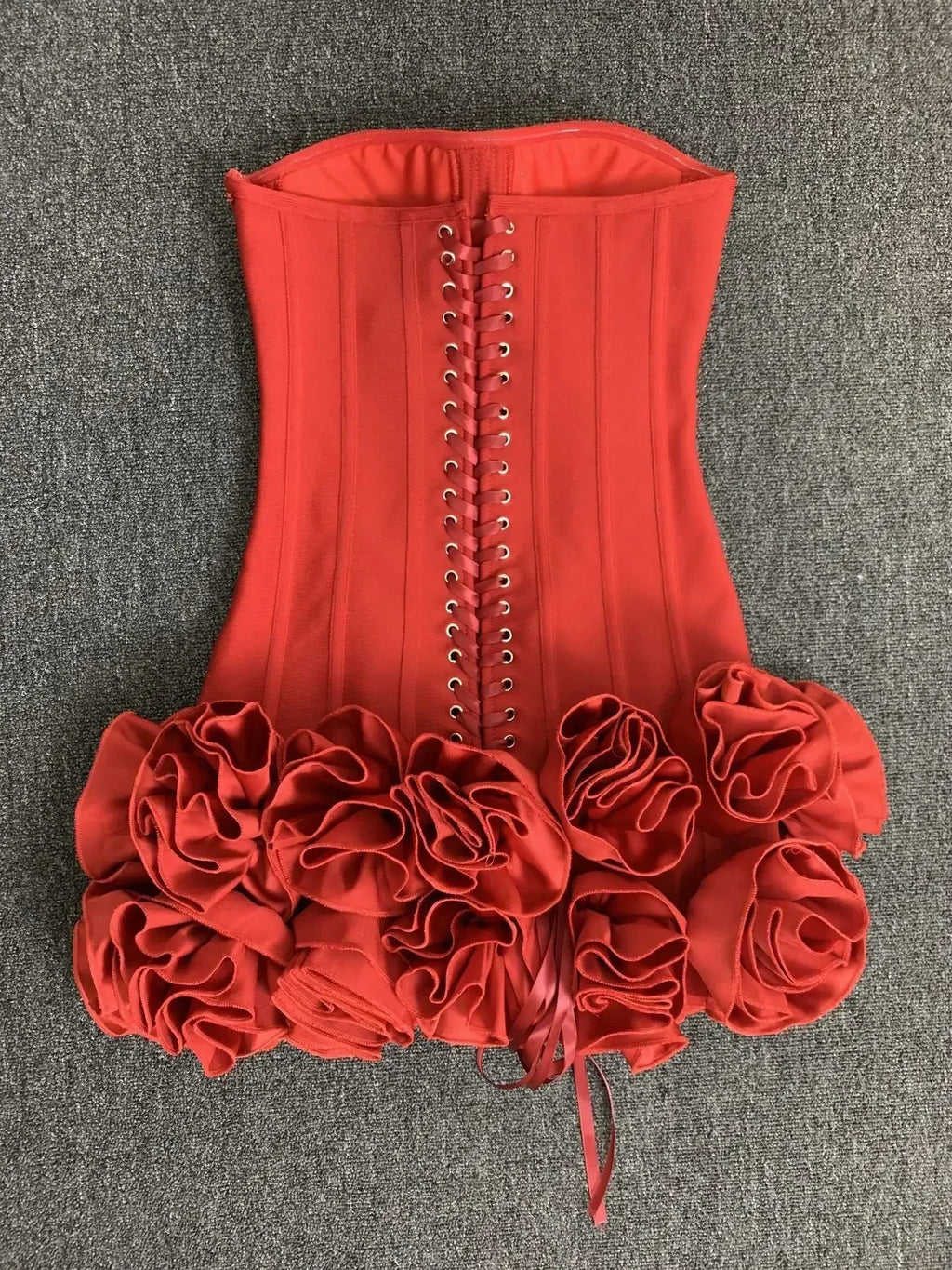 Real Photos Women New Bandage Dress Strapless Laced Up Back Flowers Hem Bodycon Mini Celebrity Evening Party Birthday Dresses