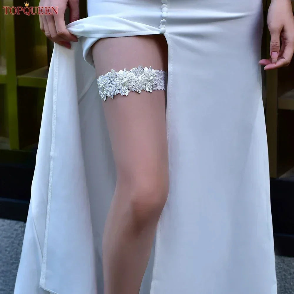 TOPQUEEN ST40 Sexy Lace Flower Thigh Ring Crystal Beaded Pearls Wedding Garter Belt  Bridal Cosplay Fashion Stocking Ring