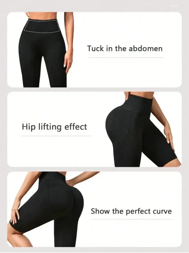 Women‘s Seamless Yoga Shorts High Waisted Striped Slim Shorts Sexy Butt Lifting Gym Trainning High Elastic Five Point Pants