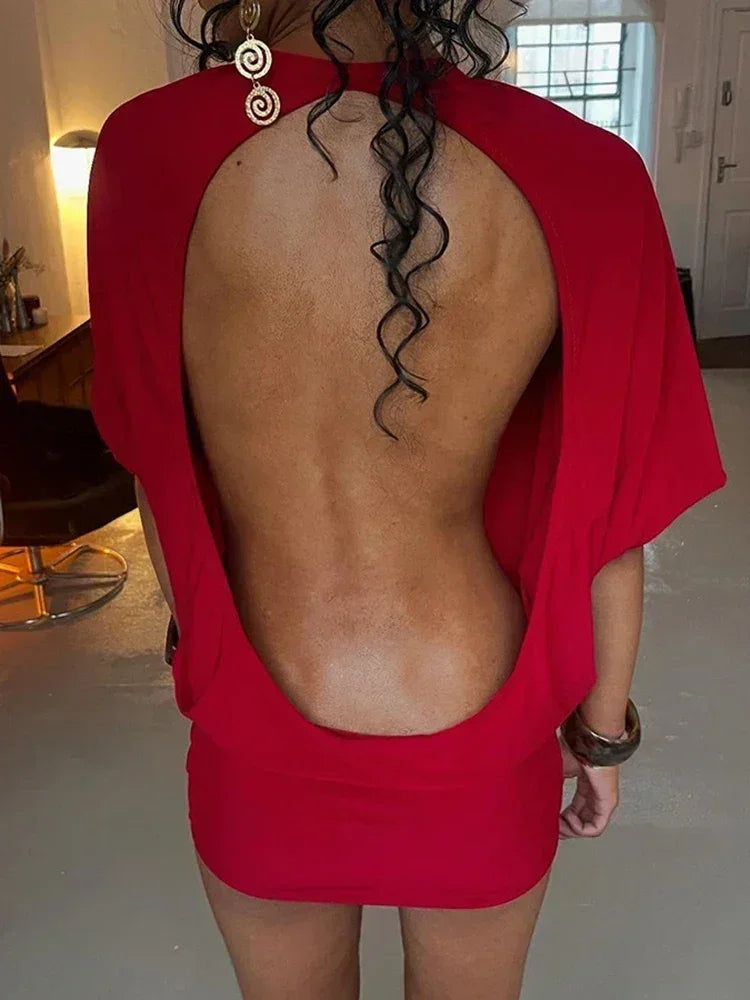 Nibber o-Neck Sexy Backless Mini Dress Women Y2K Solid Trend Style Half Sleeve Spicy Girls Street Midnight Fashion Slim Outfits