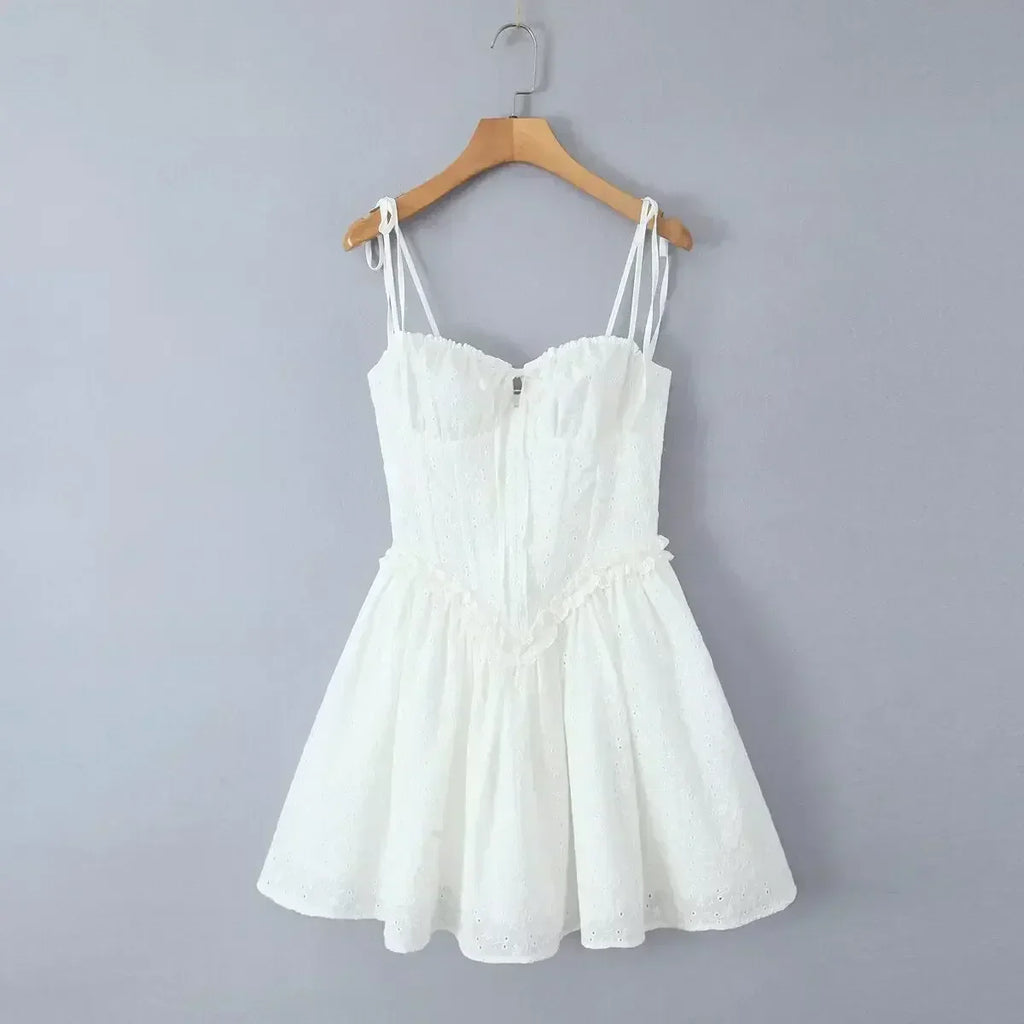 YENKYE Sexy Elegant Women Hollow Out Embroidery Yellow Sling Mini Dress Low Waist Lace Up Bandage Party Dresses Birthday Robe