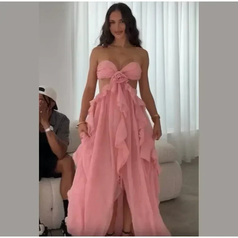 Chic Women Spring Hollow Out 3d Flower Ruffled Hem Long Dress Elegant Off Shoulder Backless Robe 2025 New Lady Street Party Gown