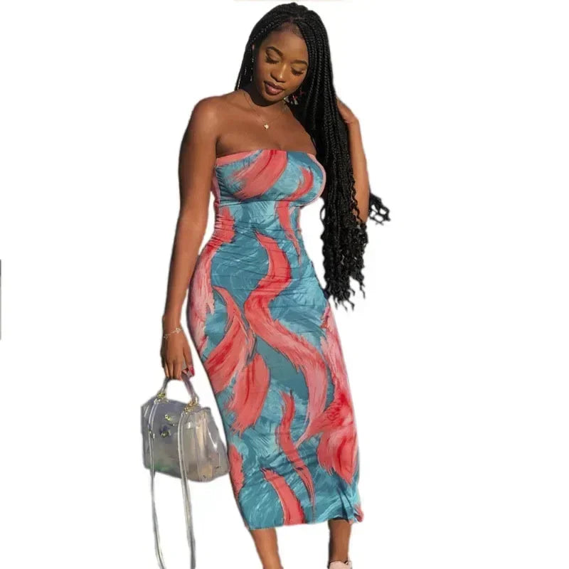 Spring And Summer Dresses For Women Chest Wrap Printed Off Shoulder Bandage Slim Sexy Long Dress 2023 New Fashion party MsChuh