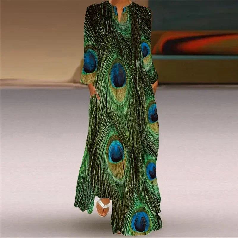 Women's Maxi Dress Printed Retro Fashion y2k vestidos Long Sleeve Loose Robe S-5XL