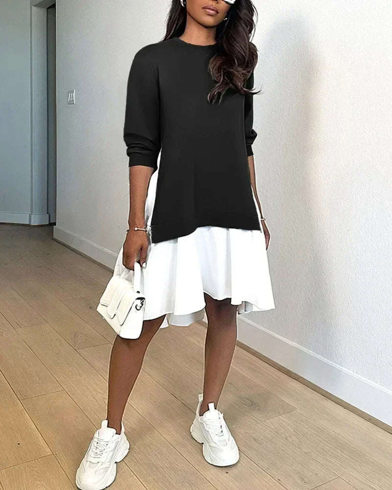 Spring Women O-Neck Long Sleeve Loose Mini Dress Autumn Vintage Sweatshirt Dresses Casual Fashion Patchwork Ruffles A-Line Dress