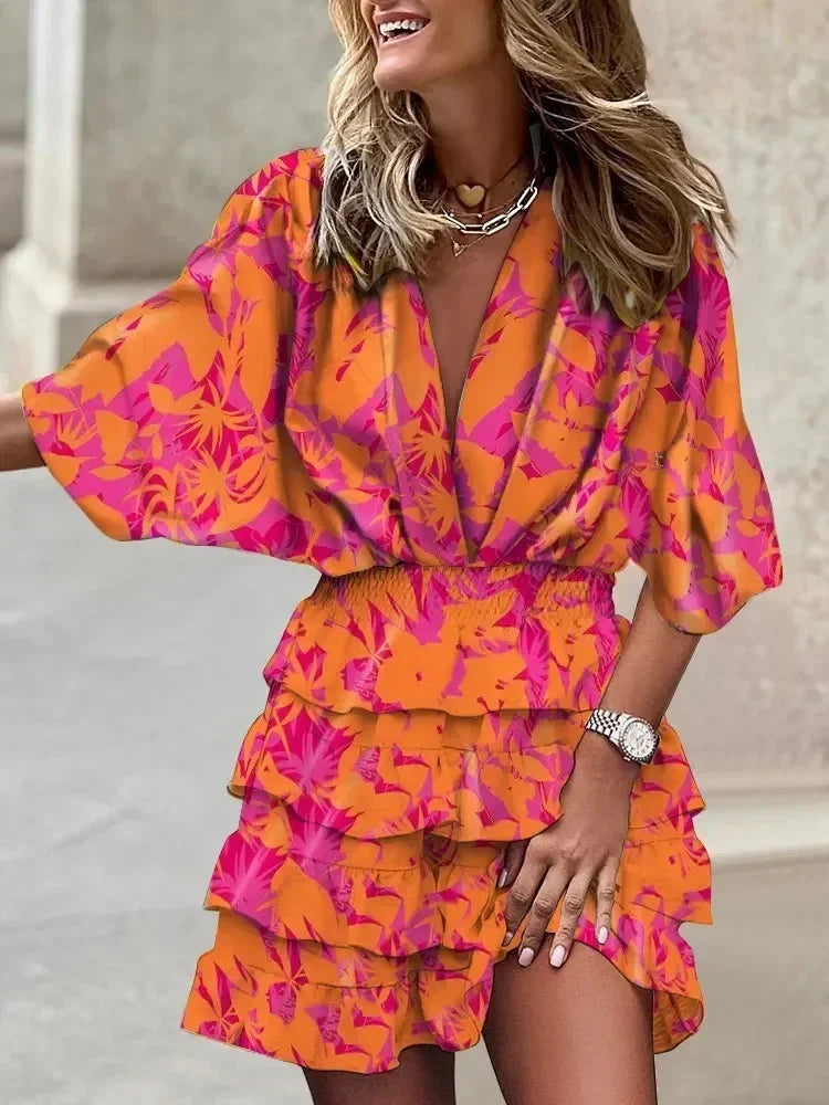 Women Fall V-Neck Loose Batwing Hafl Sleeve Print Dress Fashion Elegant Lace-up Ruffle Beach Mini Dresses Casual Streetwear 2024