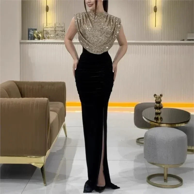Lady Fashion Sleeveless Draped Split Dress Casual O Neck Sequin Splicing Party Dress 2025 New Year Elegant High Waist Long Dress