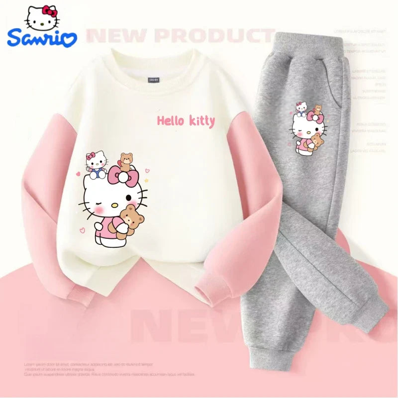 Sanrio Autumn Baby Girls Clothes Set Kid Hello Kitty Printed Sweatshirts Pullover Top & Pants 2pcs Children Patchwork Tracksuit