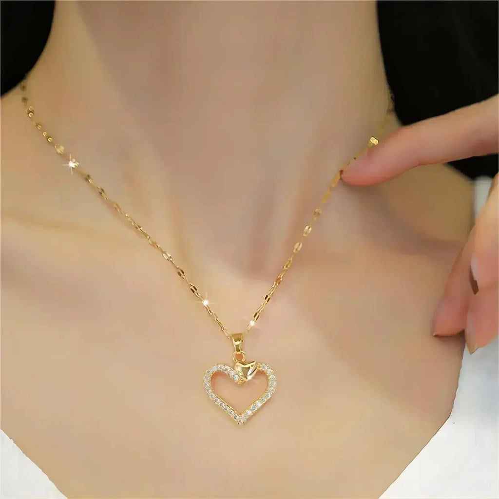 Trendy Heart Stainless Steel Zirconia Necklaces For Women Girls Love Gold Color Metal Necklace Party Birthday Daily Jewelry