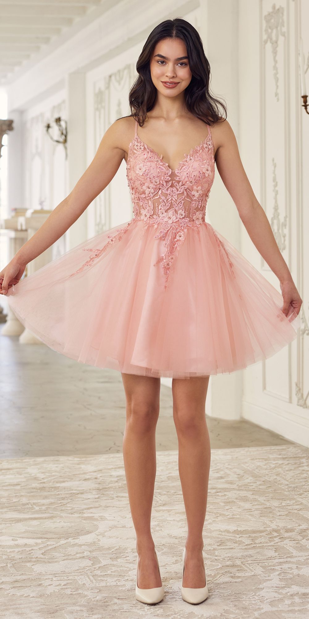 Ladivine SF047 Lace Bodice A-Line Layered Tulle Short Dress