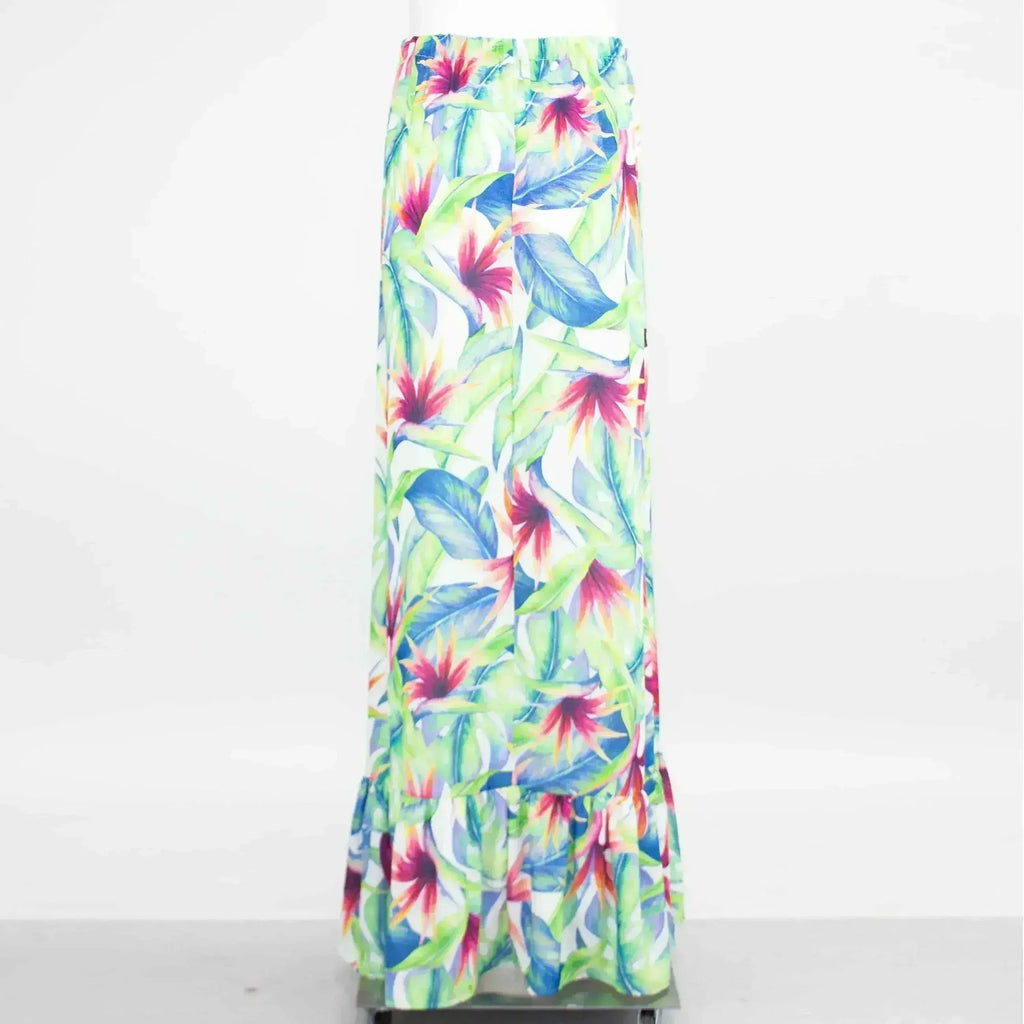 Tropical Print Maxi Skirt – Flared Silhouette & Elastic Waist