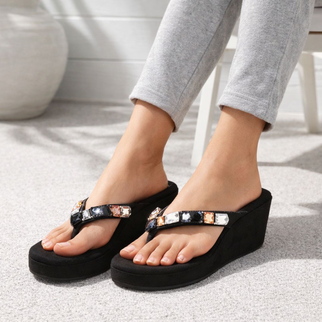 Crystelle - Black Thong Wedges