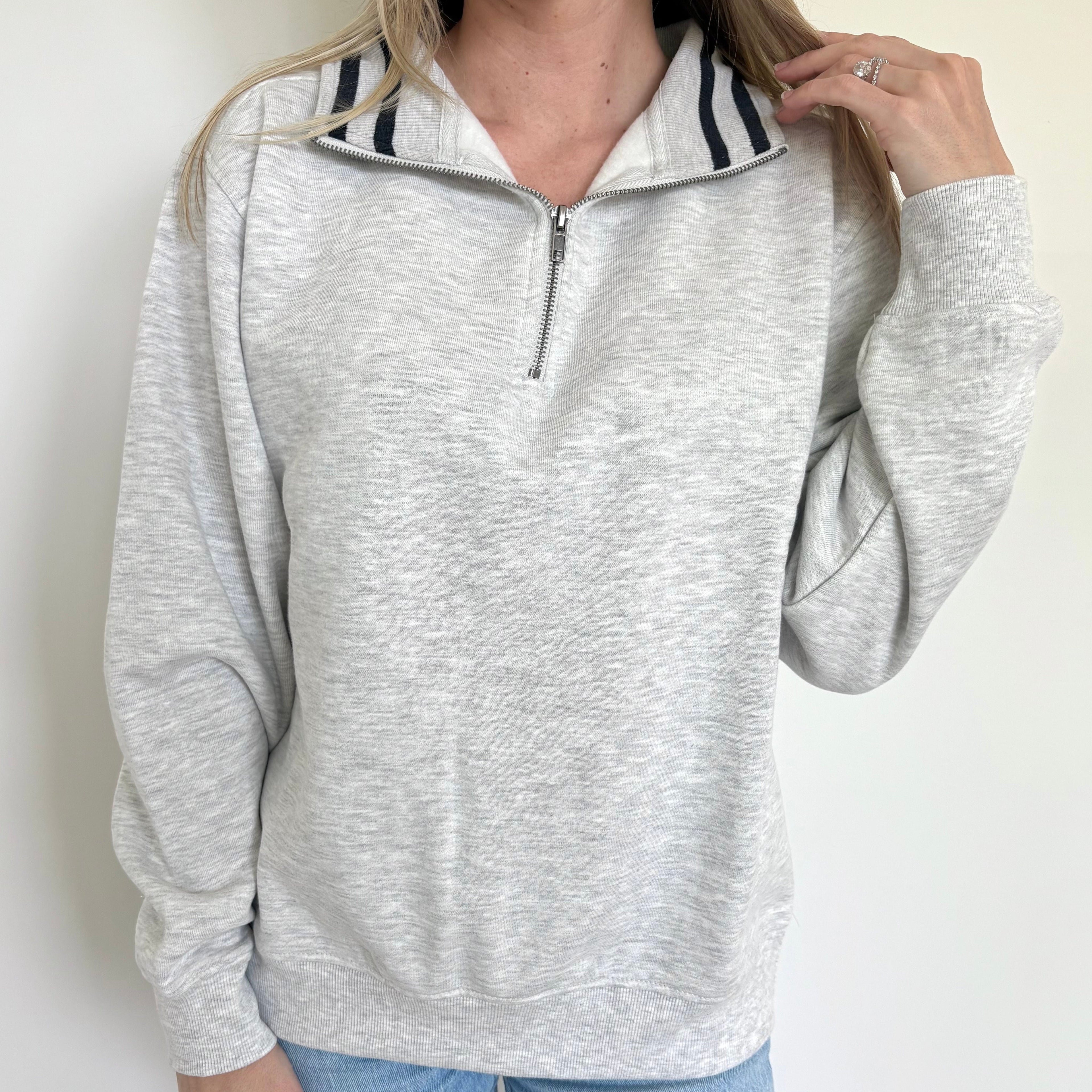 Heather Grey/Black Stripe Quarter Zip Pullover